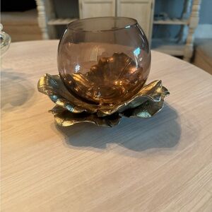 Smoked Glass Tealight Holder on Gold Leaf Base - Home Accents